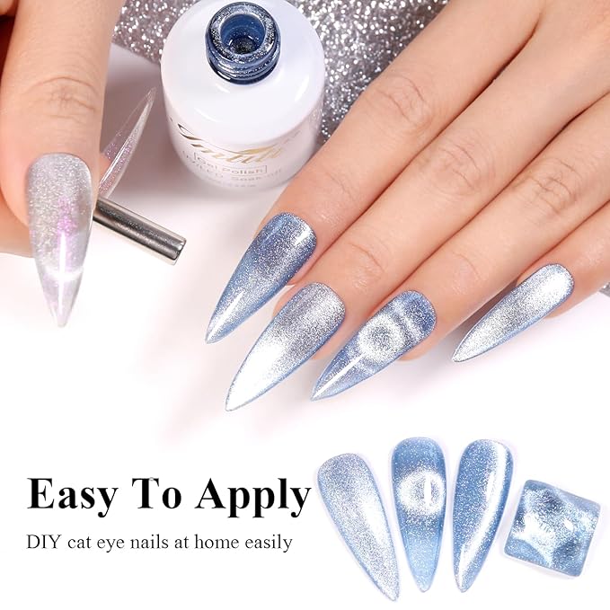 Imtiti Cat Eye Gel Nail Polish, 15ML Blue Holographic Glitter Cat Eye Gel Polish with Magnet UV LED Magnetic Gel Nail Polish Crystal Galaxy Sparkly Home DIY Manicure Nail Salon Kit