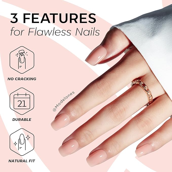Modelones Nude Pink Press on Nails, Spring Short Square Fake Nails, Semi-Transparent Reusable Nail Kit with Nail Glue Adhesive Tabs Mini Nail File, Nails Press Ons 32Pcs16 Sizes, Women Girl Gift