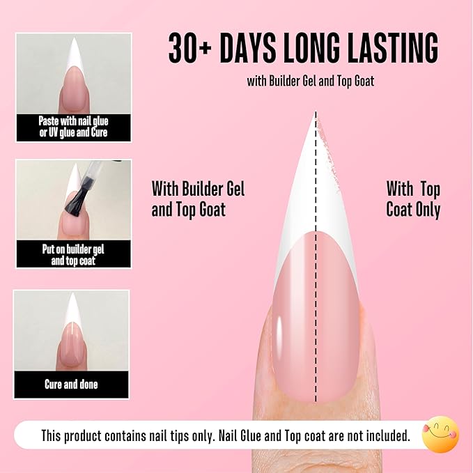 NOVO OVO White French Tip Long XL Sharp Stiletto Nail Tips Press on BABY PINK, Soft Gel Double Matte Fake Nail Extension, Full Cover False Nails for Acrylic DIY x 16 Sizes 160 pcs