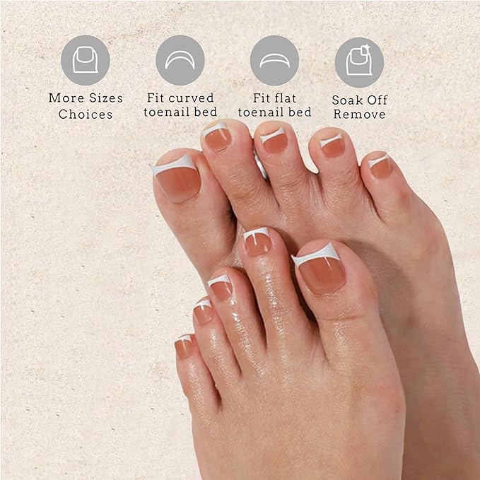 240Pcs Toe Press on nails, Short Square Brown Toe Nail Press Ons for Women in 15Sizes, French Tip False Toenails Extension, Soft Gel Toe Nail Tips, Acrylic Full Cover Fake Toenails for Girl