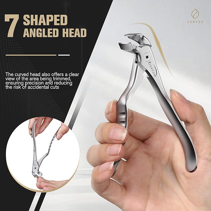 FERYES Ergonomic Non-Slip Long Handle Nail Clippers for Seniors, Unique Angled Head Curve Wide Jaw Opening Toenail Clipper with Catcher for Thick Toenails and Fingernails