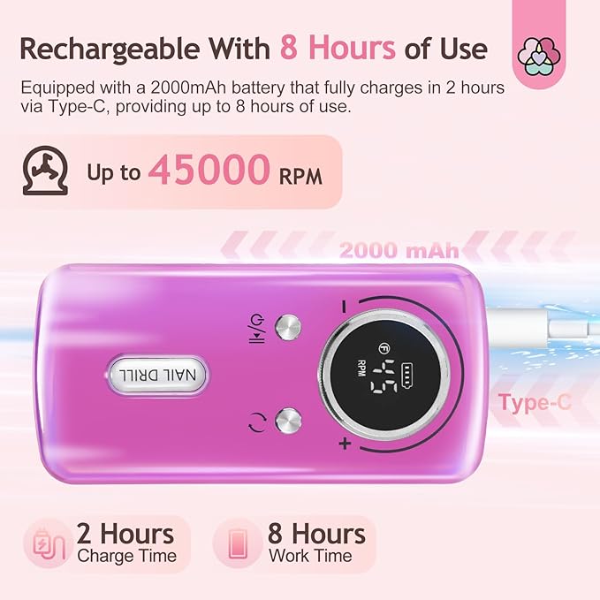 SAVILAND Professional Nail Drill Kit: 45000RPM Portable Nail File Machine for Remove Acrylic Gel Nail Rechargeable 2000 mAh Electric Nail File for Nail Salon Manicure Pedicure at Home