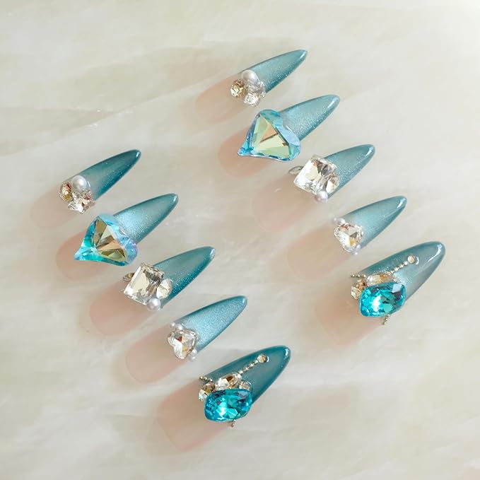 Luxury Long Stiletto Press-On Nails, Turquoise Blue Stiletto with 3D Crystals and Pearls, Handmade False Nail 10 Pieces (XS, LS)