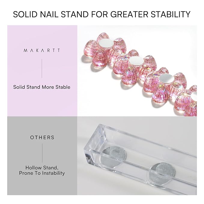 Makartt Press on Nail Stand: Magnetic Nail Holder for Painting Nails DIY Pink and Clear for Art Display Practice, Pink & Clear Glitter Flower Fake Holder for Home Salon with Reusable Adhesive Putty
