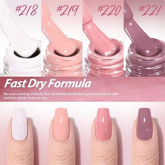 AZUREBEAUTY Nude Pink Nail Polish Set (4 Colors + Top Coat), Soft Solid Shades for Natural Look, Glossy Finish, Fast Dry, No Lamp Needed