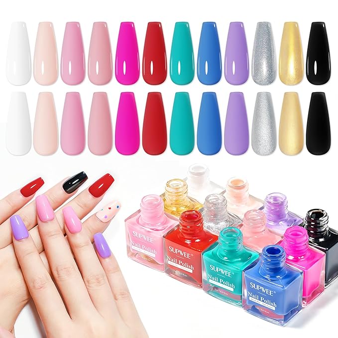 Regular Nail Polish Set Non Gel, Quick Dry Bulk Nail polish Non Gel, White Red Black Pink Colors Air Fast Drying Fingernail Lacquer for Women Girls Manicure Salon DIY Home