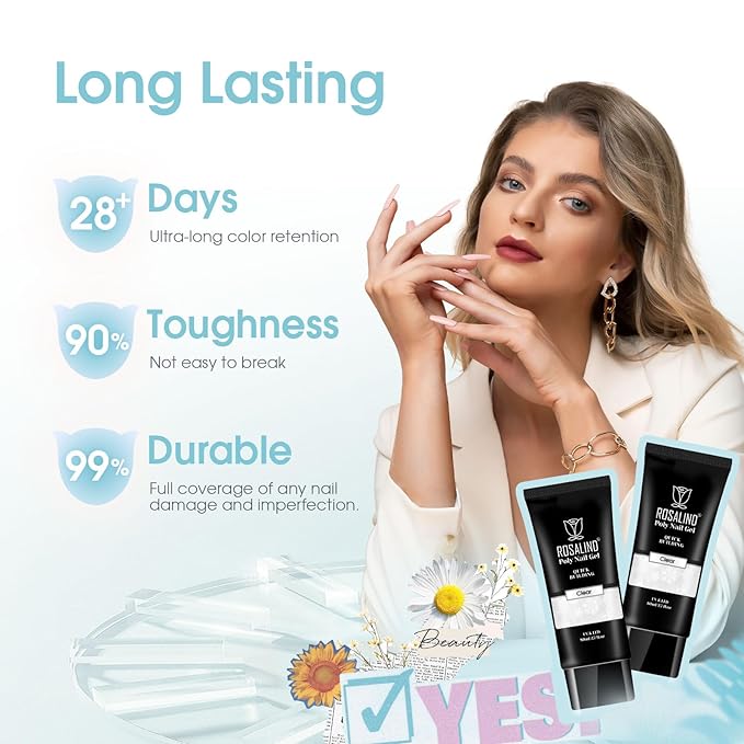 Clear Acrylic Poly Nail Gel, ROSALIND 2.7 oz Poly Extension Gel for Nail Art Decoration, Nail Thickening Extension Builder Clear Gel Easy to DIY Use at Home Need UV Lamp