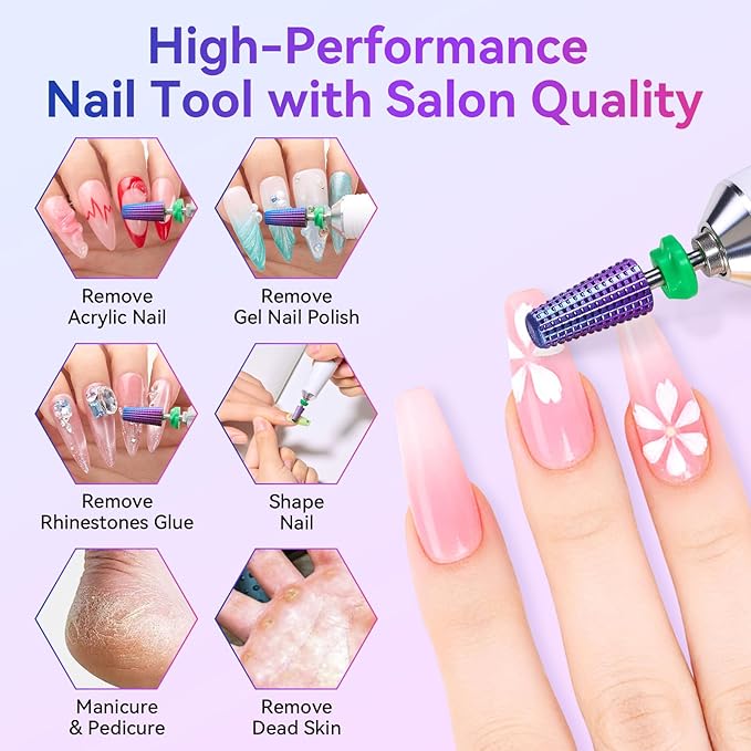 Makartt 5-in-1 Nail Drill Bits - 3/32" Shank Tungsten Carbide Tapered Bit for Fast Removal of Acrylic Nails, Hard Gel & Cuticles, Professional Nail E-File Bits for Nail Drill Machines (Fine, Purple）