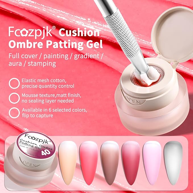 6 Colors Cushion Pat Painting Gel Nail Polish Neutral Nude Pink White Ombre Gradient Paint Gel with 50PCS Soft Nail Sponges Grabber Pen Blending Stamping Aura Design Matte No Wipe UV Cure