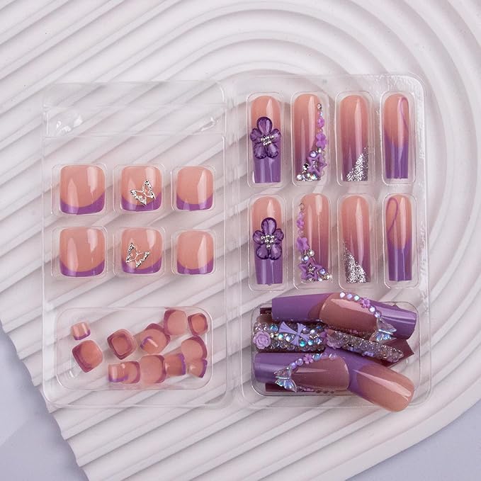 48Pcs Square Press on Nails Long & Press on Toenails Set, Purple Flowers Fake Nails Short Press on Toe Nails with 3D Flower Star Charms French Acrylic Toenails Kit for Women Manicure