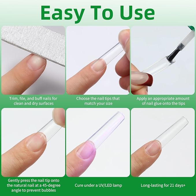 Long Square Nail Tips, 240Pcs Full Cover Soft Gel Nail Tips Pre-shaped 2XL Straight Shape Clear Acrylic False Nail Fake Nail Extension Press On for Salon Home DIY 12 Sizes