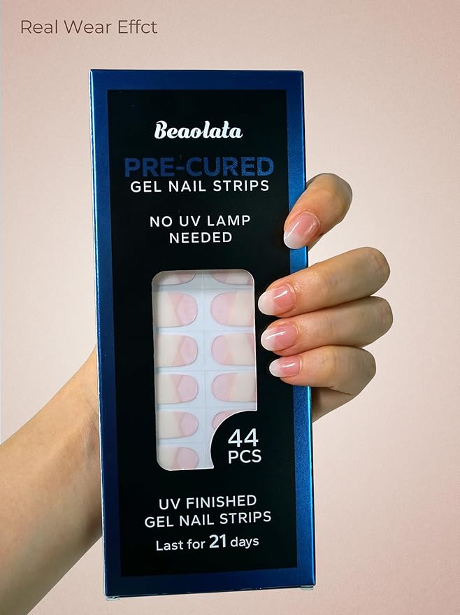 Pre Cured Gel Nail Strips - 44PCS Salon Quality Gel Nail Stickers - Long Lasting Polish Wraps for Women no UV Light Needed Easy Apply & Remove (Chic Pink）