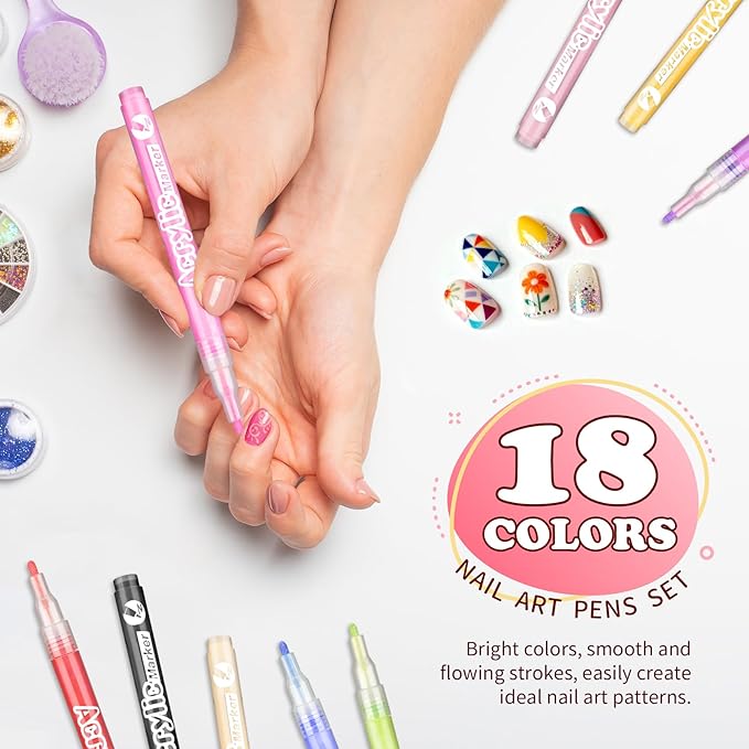 18 Colors Nail Art Pen Set,Nails Art Markers Pens for,Quick Dry Nail Doodle Pens for Home & Salon DIY Nail Art