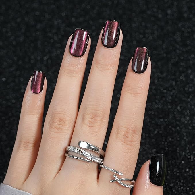 Cat Eye Press on Nails Short, Jofay Fashion Soft Gel Fake Nails, Purple-red Color-changing Shimmer Cat Eyes Nails, Reusable & Glossy Acrylic False Nails, Glue on Nails Kit Stick on Nails for Women