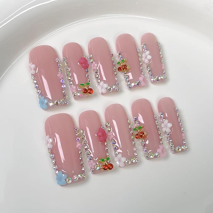 10Pcs Duck-shaped Handmade Press On Nails | French Style with 3D Floral & Rhinestone Decor | Easy to Apply, Remove & Reusable, Salon - Quality (251001, M)