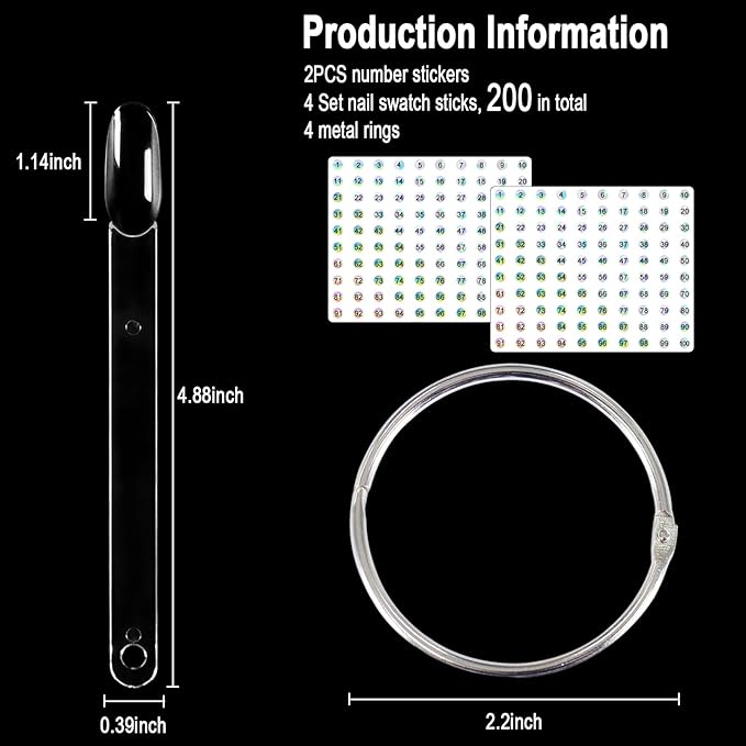 Allstarry 200 Pcs Clear Nail Swatch Sticks with Ring and Numbered Tips Roundhead Shaped Nail Art Polish Display Tips, False Nail Sample Sticks, Sacks of Transparent Nail Practice-Tips for Manicure