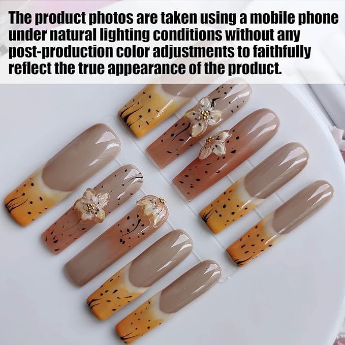 Extra Long Press on Nails Handmade Square Press-on Nails Yellow Fake Nails with Flower Design Press Ons 10pcs M Size Pattern 1101