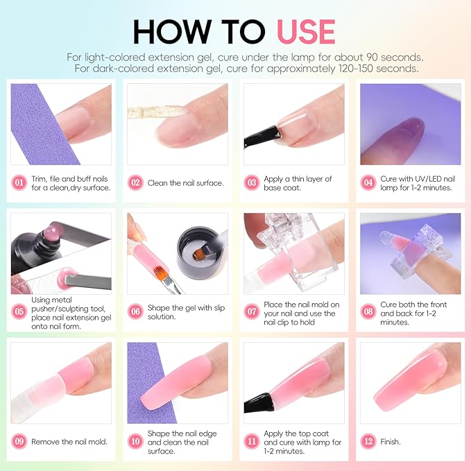 PEACECOLOR 50Pcs Poly Nail Gel Kit with U V Light 24 Colors 16ml Poly Extension Gel Pink Black Nude With Base Matte Top Coat Starter Kit with Slip Solution Nail Tools DIY For Beginners Home Salon