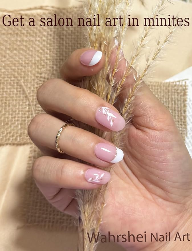 Semi Cured Gel Nail Strips, 20pcs French Leaf, Glitter, Gel Nail Stickers UV for Home Nails DIY