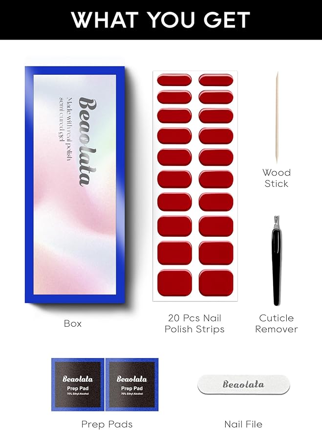 Semi Cured Gel Nail Strips - UV Light Gel Nail Stickers - 20 Long Lasting Salon Quality Wraps (Resplendent Red)