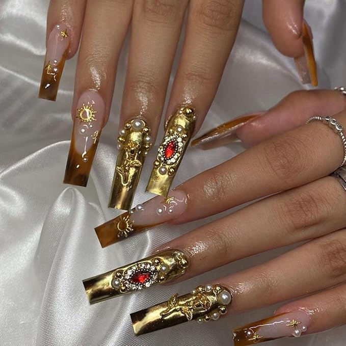 Square Press on Nails Long Gold Fake Nail3D Embossed Acrylic Nail Press ons Red Rhinestones Stick on Nails for Women 24pcs