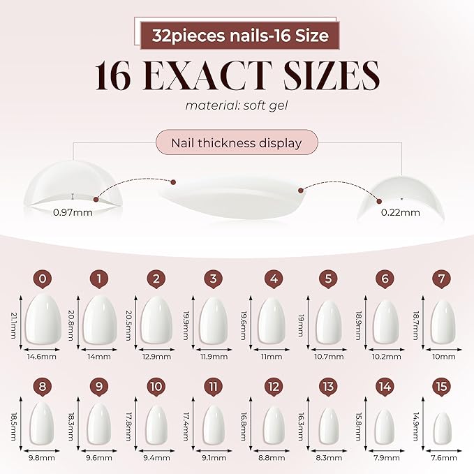 UNA GELLA White Press On Nails Short: Almond Soft Gel Press Ons Kit with Nail Tips Glue on Nails, 16 Sizes - 32 Reusable Fake Nails Kit, Milky White