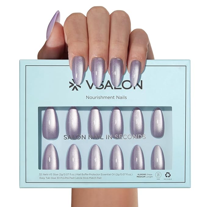 VSALON Press on Nails Medium Almond, Purple Holographic Cat Eye Glossy Jelly Chrome Fake Nails, Reusable False Nails with Nail Glue, Protector Cuticle Oil, Tabs & Nail File-32 PCS in 16 Sizes