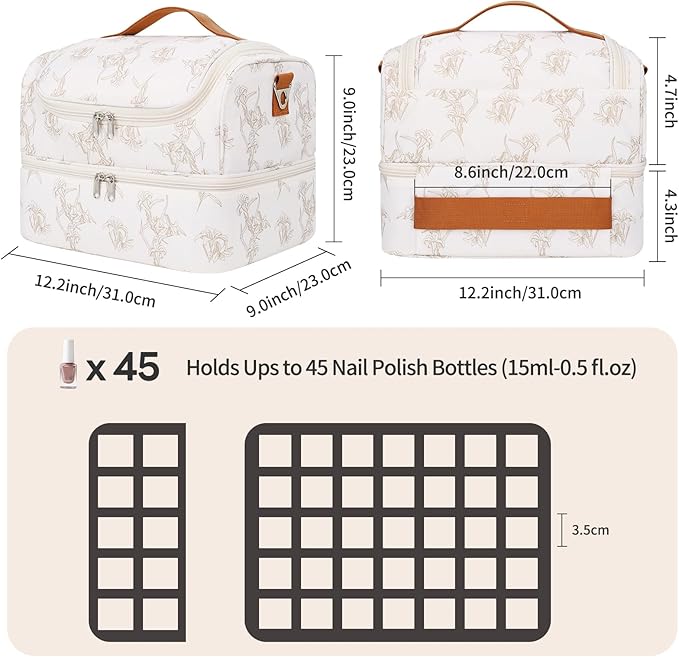 CUBETASTIC Nail Polish Organizer, Nail Supplies Storage Case Holds 45 Bottles Nail Polish & Nail Lamp, Travel Nail Tech Carrying Bag, Nail Kit Bag For Nail Stuff & Manicure Tools