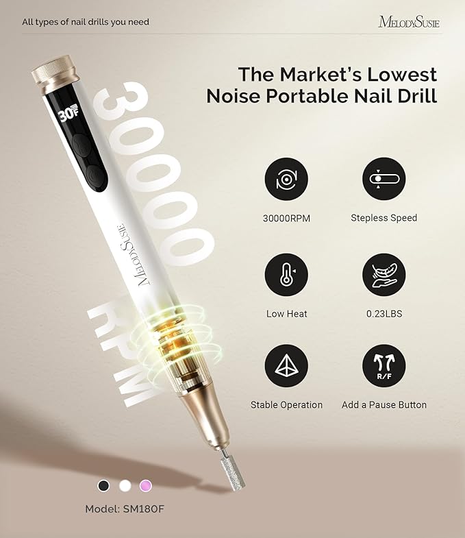 MelodySusie Pen-Shaped Stepless Speed Adjustment Cordless Nail Drill, SM180F 30000RPM Portable Rechargeable E-File with LED Display for All Manicure Shaping & Acrylic Gel Removal for Pro at Home