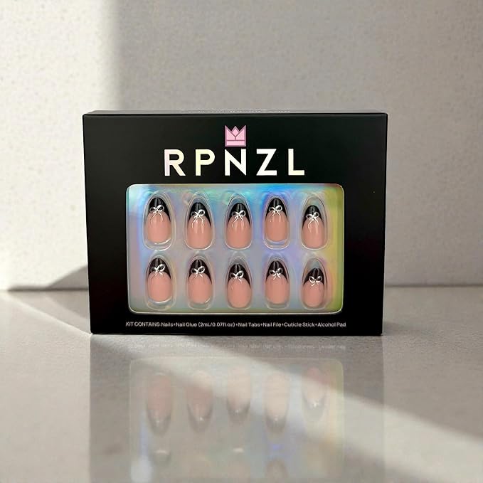 Press On Nails - Black Tie | Black French Tip Press on Nails with 3D Bow Design - Soft Gel Almond Fake Nails I 32 Nails, 16 Sizes Kit with Glue and Adhesive Tabs I Female Founded