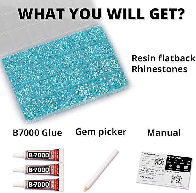 33000Pcs Teal Rhinestones for Bedazzling, Bedazzler Kit with Flatback Craft Rhinestones Turquoise Bulk and B7000 Glue, 2,3,4,5,6mm Resin Flat back Crystals for Craftings, Crafts, Clothes, Shoes, Nails