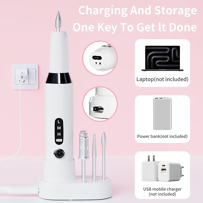 Nail Drill Kit,Nail File Cordless Nail Drill Machine for Gel Powder Nails,Professional Portable Manicure Pedicure Rechargeable Lightweight for Home Salon Use