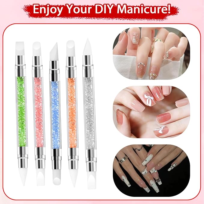 5PCS Nail Art Sculpture Pen, Dual Tipped Silicone Nail Tools, 3D Nail Sculpting Gel Pen, Rhinestone Nail Polish Brushes for Design Nail Foil Carving Drawing Effect Shaping Drawing