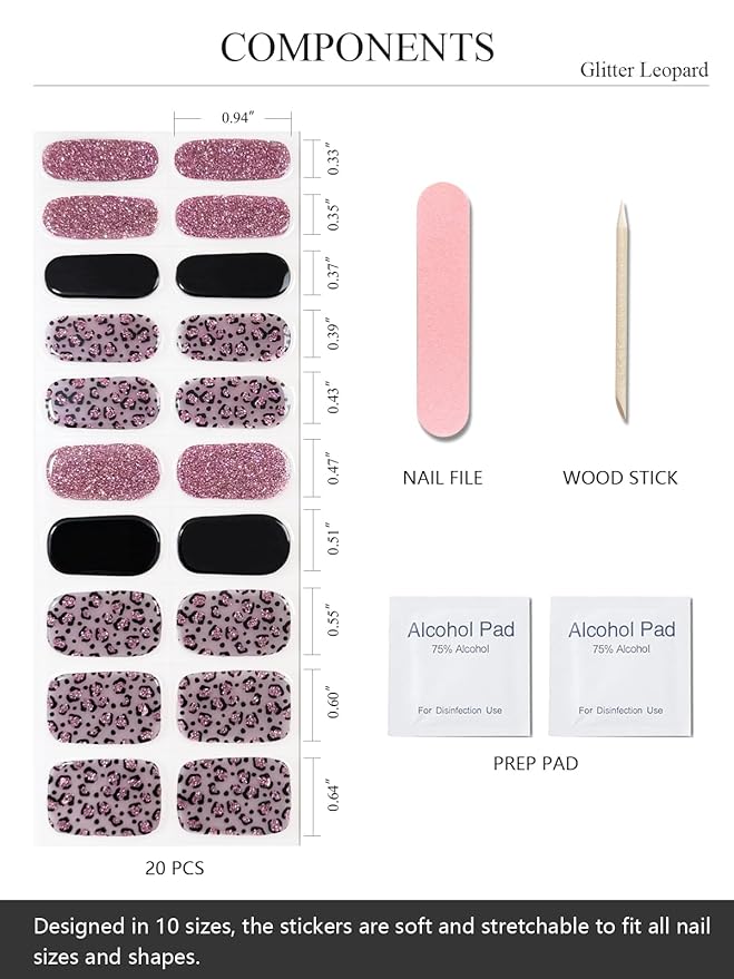 Semi Cured Gel Nail Strips (Glitter Leopard), Purple, 20 Pcs Gel Nail Wraps, Stickers, Salon Quality, Long Lasting, Works with Any UV Lamps