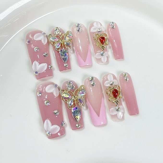 Long Handmade Press on Nails Square Flower Fake Nails Pink French Tip False Nail with Glue 3D Rhinestones Butterfly Design Luxury Full Cover Acrylic Nails for Women Manicure 10Pcs(Size M)