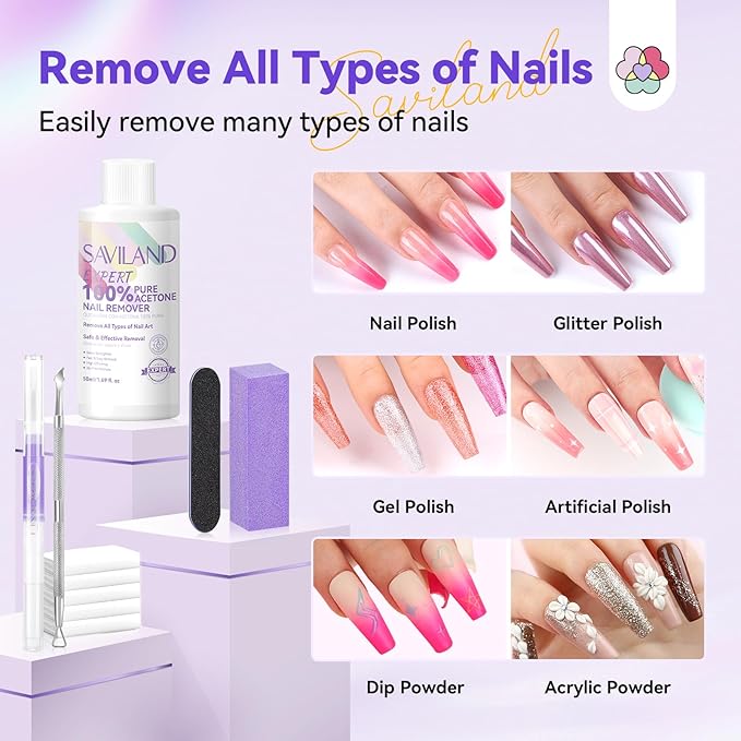 SAVILAND Nail Polish Remover Kit: 50 ML Acetone Nail Polish Remover Non-Drying Expert Gel Remover with Cuticle Oil & Tools Quick Removal for Nails Polish Acrylic Dip Powder DIY Salon