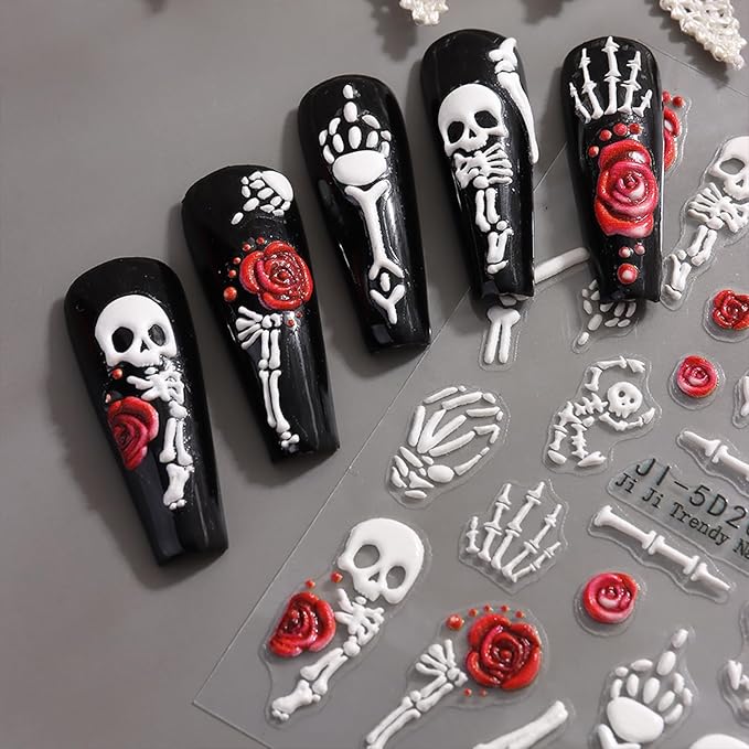 5D Embossed Halloween Nail Art Stickers Decals Cute Skull Flower Nail Sticker White Skeleton Nails Decal Self-Adhesive Nails Art Decal for Women Halloween Decor