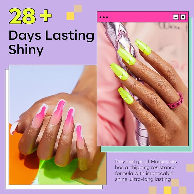 Modelones Poly Nail Gel Set, 6 Colors Forever Young Collection Turquoise Purple Blue Neon Yellow Hot Pink Poly Extension Builder Gel Nail Spring Hot Summer French Manicure DIY