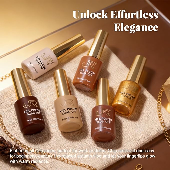 JR Light Brown Gel Nail Polish Set, 16ml Full Size Bottle 6 Colors Brown 9D Cateye Glitter Nail Gel Polish Gift Soak Off Led Nail Art Kit Salon DIY Colorful Bottle G