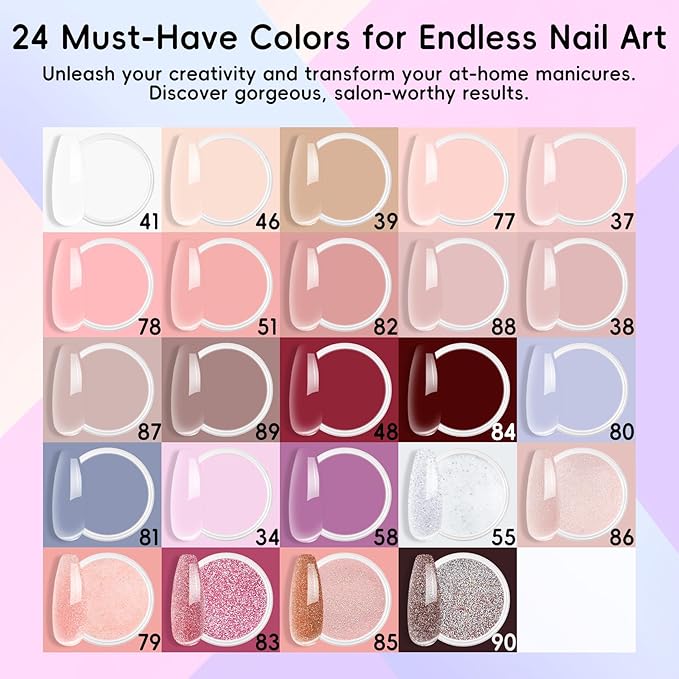 Acrylic Nail Powder Set 24 Colors Kit for Nail Art French Extension 3D Sculpting - Professional Salon Quality Polymer Powder - No Lamp Required, Bubble Free, Long Lasting