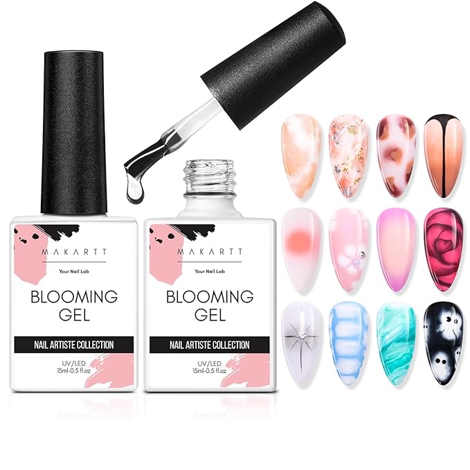 Makartt Blooming Gel-Clear 2 Pcs Blooming Gel Nail Polish Blossom Gels for Spreading Effect, Gels Paint Nail Art Supplies for Easy Marble Watercolor Floral Print Spring Nails DIY Manicure for Women