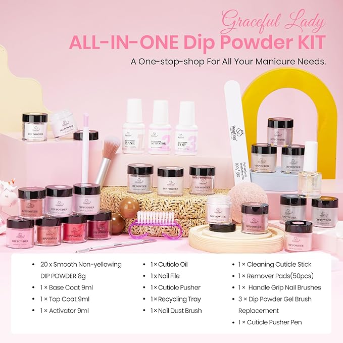 Beetles 36Pcs Dip Powder Nail Kit Starter, 20 Colors Nude Pink Yellow Gray Glitter Burgundy Dipping Powder Set with Base Top Coat Activator Brush Saver for Nail Art Manicure Gift for Women