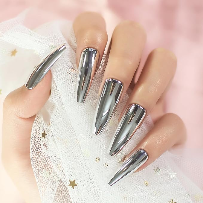 Super Long Shiny Punk Style Silver Coffin Ballerina Press on False Nails Metallic Acrylic Nails Reflective Mirror Nail Art Tips for party show