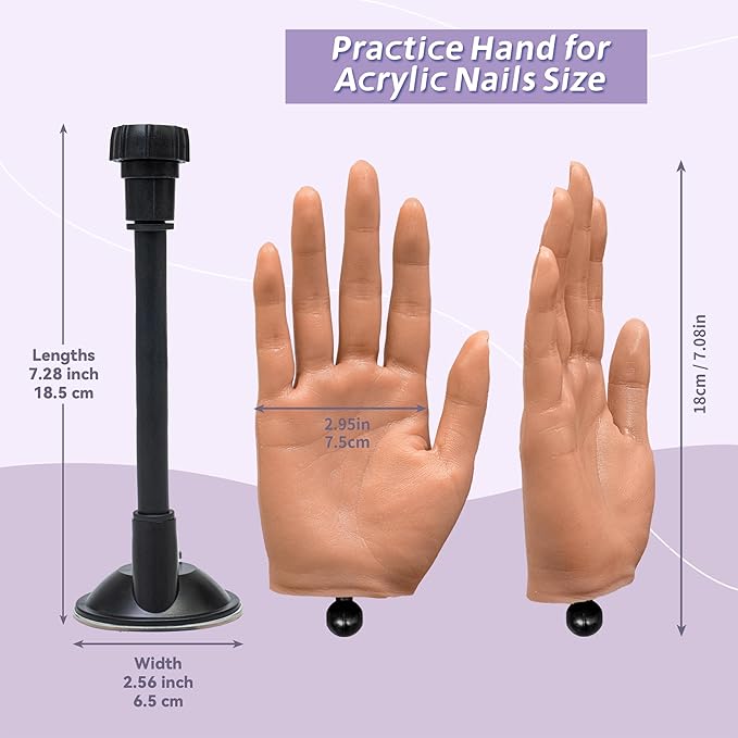 Practice Hand for Acrylic Nails,Realistic Silicone Mannequin Hand with Flexible Fingers for Acrylic Nails, Gel Polish Training, Complete Nail Art Beginner Set with Brush & File