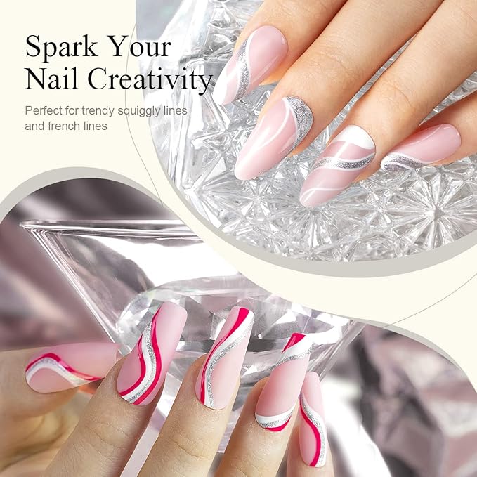 RARJSM Gel Liner Nail Art Silver Glitter Design Gel Nail Polish 1 Bottle 8ml Soak off UV LED Curing Requires Build in Thin Brush Striper GelPolish for Home Salon Diy Nail Manicure Painting Decoration