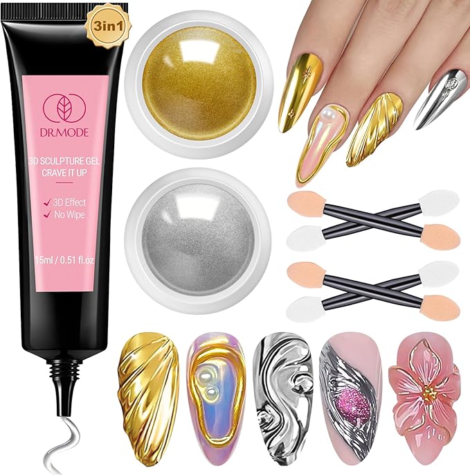 3D Nail Gel and Chrome Nail Powder Kit, 3 in 1 No Wipe Clear 3D Sculpting Gel for Nail Art Carving Molding Rhinestone Glue 15g, Gold Silver Metallic Mirror Nail Chrome Powder Glitter for Manicure