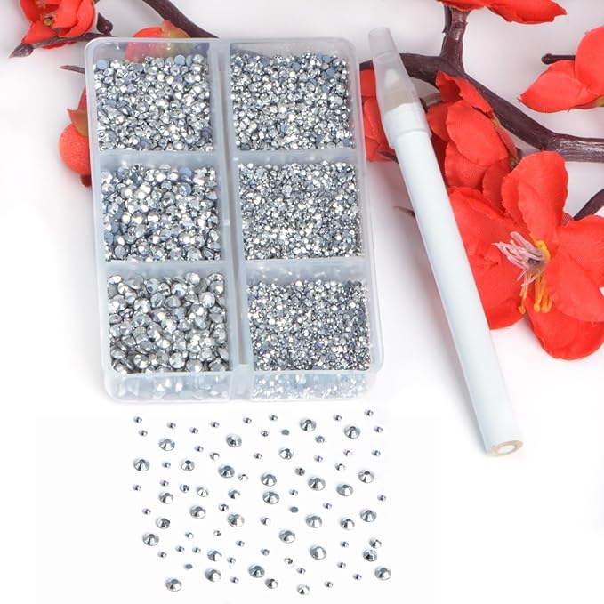Bymitel Hotfix Crystal Rhinestones Round Gems for Crafts,Mixed 6 Sizes with Wax Pencil Kit, Labrdor1.3-3.2mm(SS3-SS12/8000pcs)