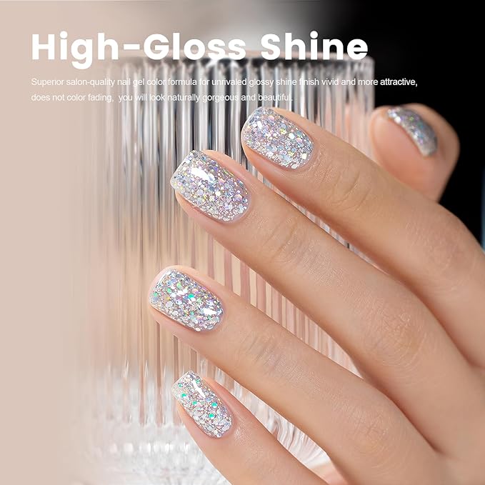 RARJSM Silver Glitter Gel Nail Polish Diamond Gelpolish Silver White Big Flakes Sparkly Chunky Iridescent Pigments Nail Gel Polish Soak off L e d U V Curing Required for Nail Art Salon Manicure