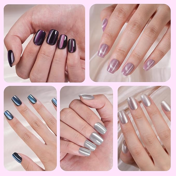 240Pcs Cat Eye Press on Nails Short Square, Plauva Soft Gel Fake Nails, Glossy Glitter Cat Eye Nail Tips for Women and Girls Stick On Nails in 12 Sizes