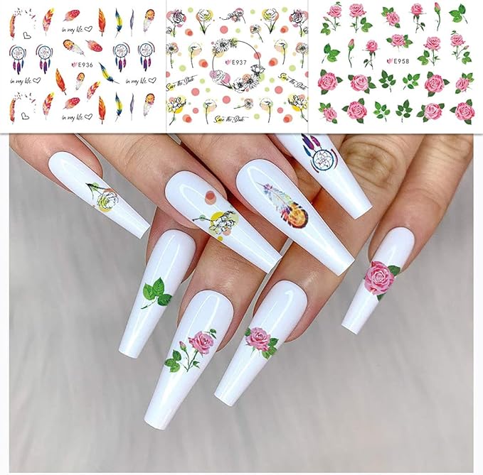 WOKOTO 44 Sheets Feather Nail Art Stickers - 3D Nail Decals with Flowers, Animals - Self-Adhesive Flower Nail Stickers for Women & Girls Acrylic Nails